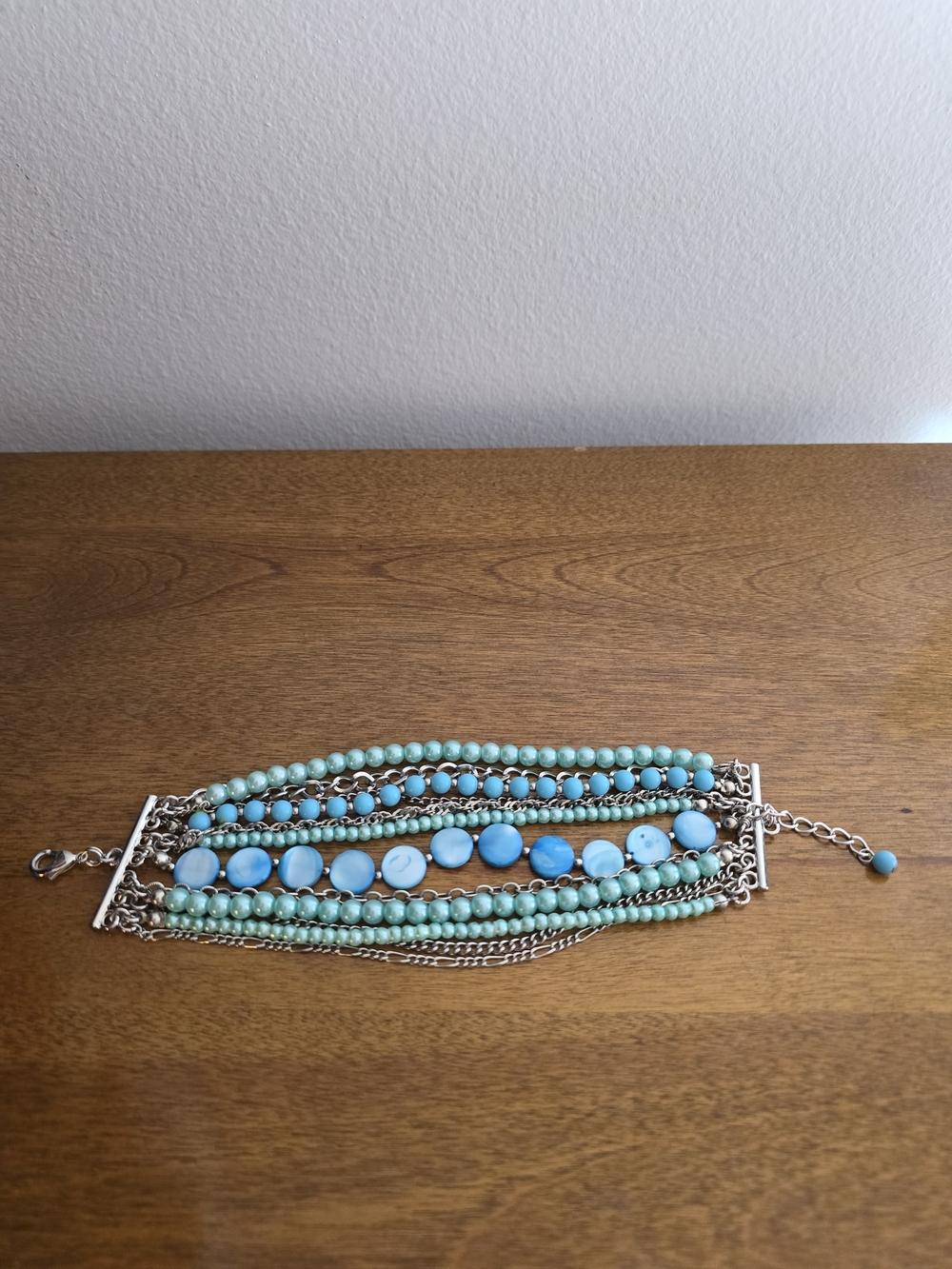 Layered Turquoise Plastic Bead and Silver-tone Chain Bracelet - Women Jewelry